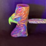 Eagle Pipe by Betson Macawashi, Hand Carved Palo Sangre Wood Tobacco Pipe for Shamanic Ceremony. Painted by Franz Joao Rengifo an ayahuasca visionary. Made in Pucallpa, Peru