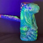 Otorongo (Jaguar) Pipe Green by Betson Macawashi, Hand Carved Palo Sangre Wood Tobacco Pipe for Shamanic Ceremony. Painted by Franz Joao Rengifo an ayahuasca visionary. Made in Pucallpa, Peru